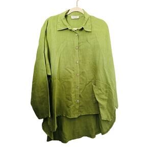 Saga 100% Linen One Size Boho Shirt Dress Pocket Lagonlook Large XL 1x Green